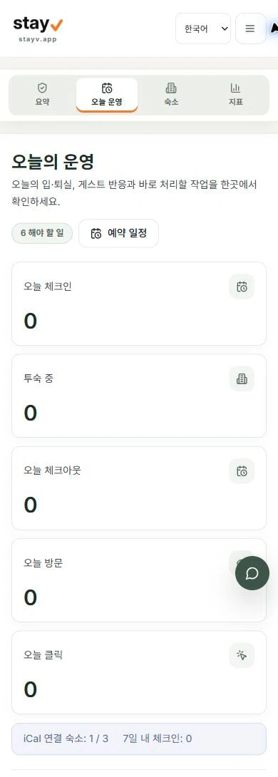 stayV 대시보드의 숙소 상태와 오늘의 운영 요약 - 모바일 화면